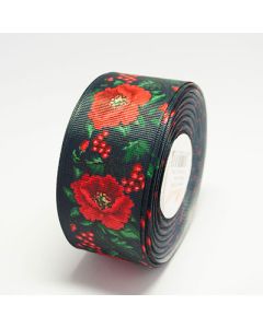 Стрічка репсова 4,0 см троянда на чорному D18240 22,5м.