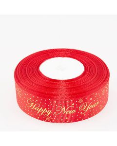 Стрічка репсова новорічна "Happy New Year" 2,5 см. 22,5 м. червона