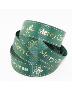 Стрічка репсова новорічна "Merry Christmas, ягідка" 2,5 см. 22,5 м. темно зелена