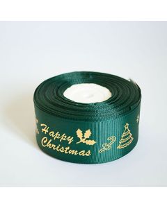 Стрічка репсова новорічна "Happy Christmas" 4,0 см. 22,5 м. темно зелена