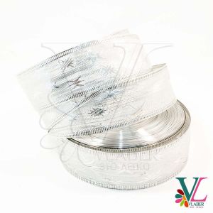 Стрічка новорічна, гобелен, зірка 3,8 см колір сріблястий