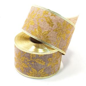 Новорічна стрічка мішковина Різдвянник 6.3 см світло-коричнева основа, колір золотий