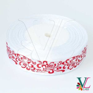 Стрічка атласна з орнаментом (біла) 2,5 см, колір червоний