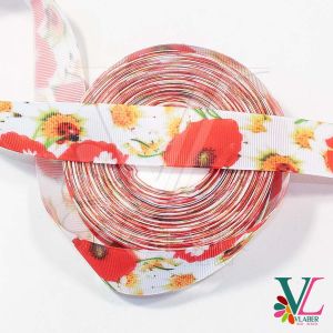 Лента репсовая с цветочным рисунком 2,5 см, мак и ромашка