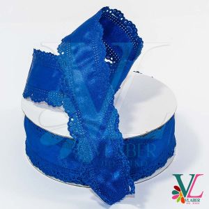 Лента атласная с ажурным краем 3,5 см, цвет синий