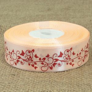 Лента атласная орнамент бабочка 2,5 см, цвет персиковый
