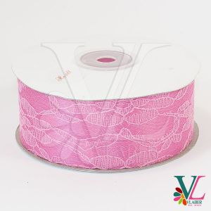 Стрічка атласна з мереживом 4,0 см, колір рожевий