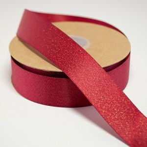 Атласна стрічка з золотими нитками, бордова, 25 мм, двостороння