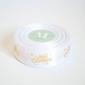 Лента атласная новогодняя "Merry Christmas" 2,5 см. 22,5 м. белая