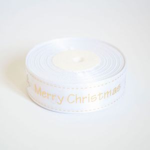 Лента атласная новогодняя "Merry Christmas ягодка" 2,5 см. 22,5 м. белая