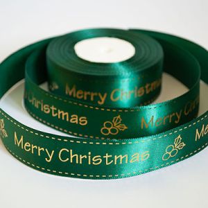 Лента атласная новогодняя "Merry Christmas ягодка" 2,5 см. 22,5 м. темно-зеленая