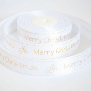 Лента атласная новогодняя "Merry Christmas ягодка" 2,5 см. 22,5 м. белая