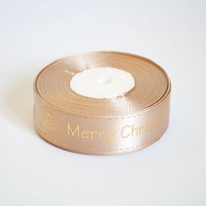 Лента атласная новогодняя "Merry Christmas ягодка" 2,5 см. 22,5м. светло коричневая