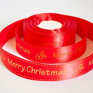 Лента атласная новогодняя "Merry Christmas ягодка" 2,5 см. 22,5м. красная