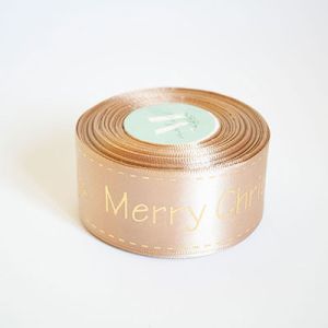 Лента атласная новогодняя "Merry Christmas ягодка" 4,0 см. 22,5 м. светло коричневая