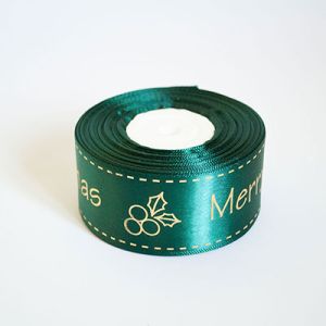 Лента атласная новогодняя "Merry Christmas ягодка" 4,0 см. 22,5м. темно зеленая