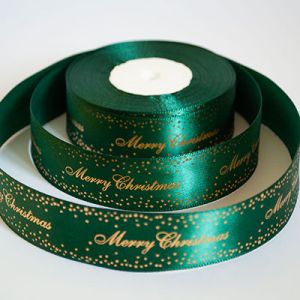 Лента атласная новогодняя "Merry Christmas звездочки" 2,5 см. 22,5 м. темно-зеленая