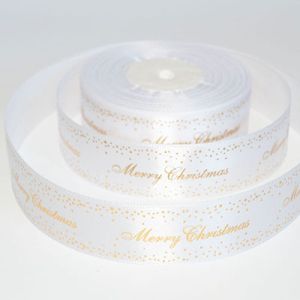Лента атласная новогодняя "Merry Christmas звездочки" 2,5 см. 22,5м. белая
