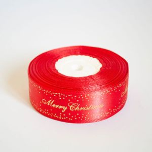 Лента атласная новогодняя "Merry Christmas звездочки" 2,5 см. 22,5м. красная