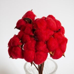 Декоративная ветвь хлопка красная, 10 головок, 35см.