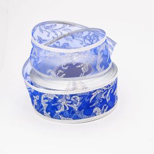 Стрічка новорічна заметіль, органза 6,3 см, синього кольору