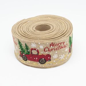 Лента мешковина merry christmas с машинкой, цвет светло - коричневый