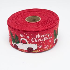 Лента мешковина merry christmas с машинкой, цвет красный