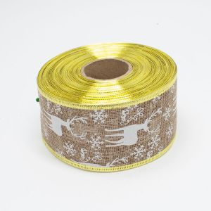 Стрічка мішковина новорічна, 6,3 см, D08563 Олені, завитки, сніжинки, світло - коричневого кольору
