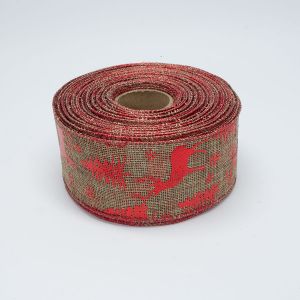 Стрічка мішковина новорічна, 6,3 см, D08963 олені з ялинкою червоного кольору