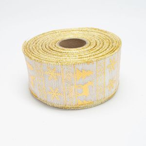 Стрічка мішковина новорічна, 6,3 см, D09663 золотиста сніжинка, ялинка, орнамент, олені, білого кольору
