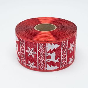 Стрічка мішковина новорічна, 6,3 см, D08663 біла сніжинка, ялинка, орнамент, олені, червоного кольору