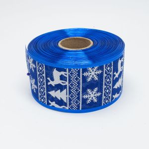 Стрічка мішковина новорічна, 6,3 см, D08363 біла сніжинка, ялинка, орнамент, олені, синього кольору