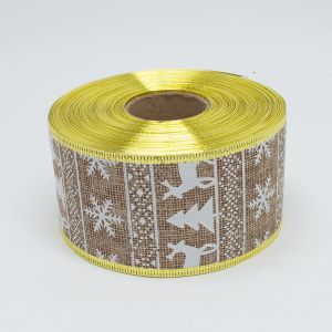 Стрічка мішковина новорічна, 6,3 см, D08363 біла сніжинка, ялинка, орнамент, олені, світло - коричневого кольору