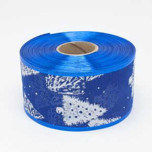 Стрічка мішковина новорічна, 6,3 см, D08163 біла ялинка у горщику, синього кольору