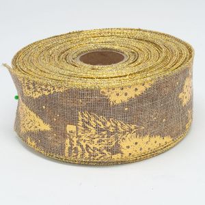 Стрічка мішковина новорічна, 6,3 см, D09363 золотиста ялинка у горщику, світло - коричневого кольору