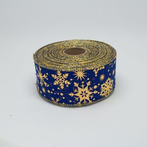 Лента мешковина новогодняя, ​​6,3 см, D095563 с золотыми снежинками, синего цвета