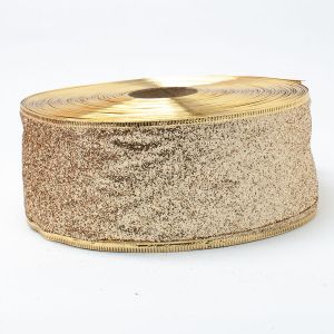 Лента атласная новогодняя металл 6,3 см D07763, цвет шампань
