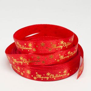 Стрічка атласна "Merry Christmas сніжинка" 1,2 см 23 м. червона