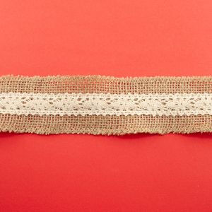 Стрічка з мішковини 5 см. вязане мереживо, молочне по середині, 1,8 м.