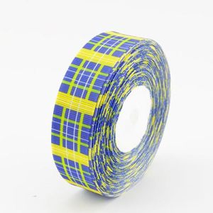 Стрічка репсова 2,5 см з малюнком "Шотландка синій з жовтим" 20 м.