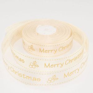 Лента репсовая новогодняя "Merry Christmas, ягодка" 2,5 см. 22,5м. кремовая