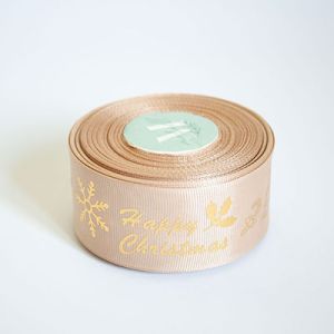 Лента репсовая новогодняя "Happy Christmas" 4,0 см. 22,5 м. светло коричневая
