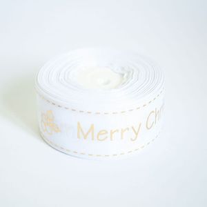 Лента репсовая новогодняя "Merry Christmas ягодка" 4,0 см. 22,5м. белая