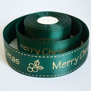 Лента репсовая новогодняя "Merry Christmas ягодка" 4,0 см. 22,5 м. темно зеленая