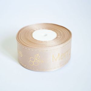 Лента репсовая новогодняя "Merry Christmas ягодка" 4,0 см. 22,5м. светло коричневая