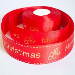 Лента репсовая новогодняя "Merry Christmas ягодка" 4,0 см. 22,5м. красная