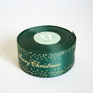 Лента репсовая новогодняя "Merry Christmas звездочка" 4,0 см. 22,5 м. темно зеленая