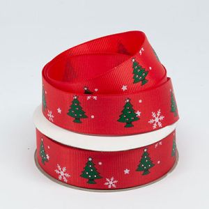 Репсова стрічка ялинка з сніжинками, 2,5 см. 23 м. червона