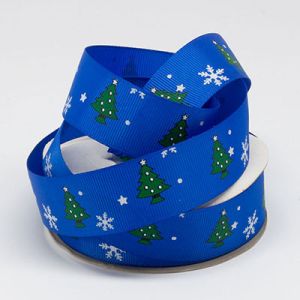 Репсовая лента ёлка с снежинками, 2,5 см. 23 м. синяя