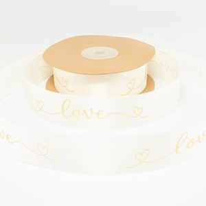 атласная кремовая лента с золотом 2,5 см 18525 Love